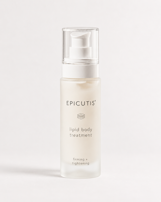 A frosted glass pump bottle of EPICUTIS Lipid Body Treatment with a clear cap, set against a clean, light gray studio background.