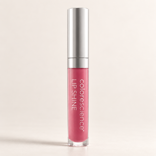 A single tube of colorscience Lip Shine in a dusty rose pink shade, featuring a metallic silver cap and clear base, set against a solid off-white background.
