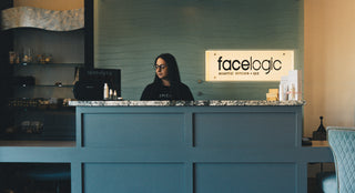 Skincare products displayed on shelves at Facelogic Upland spa